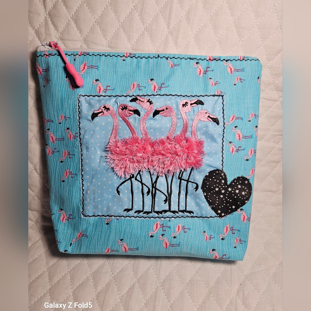 Flamingo Embroidered Blue Pouch